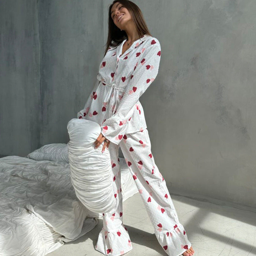 Cotton Gauze Pyjama Set with Big Red Heart Print
