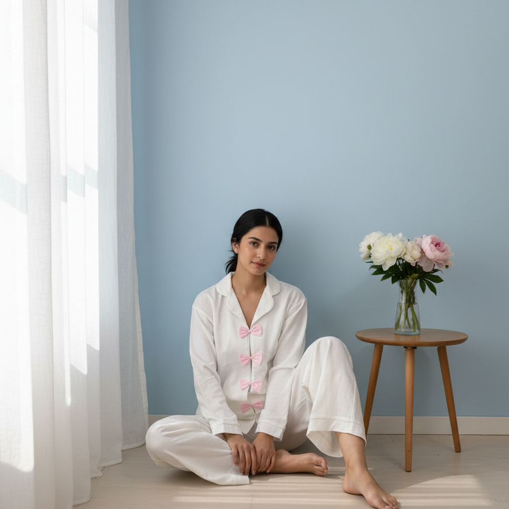 White Cotton Pajama Set with Pink Bow Details