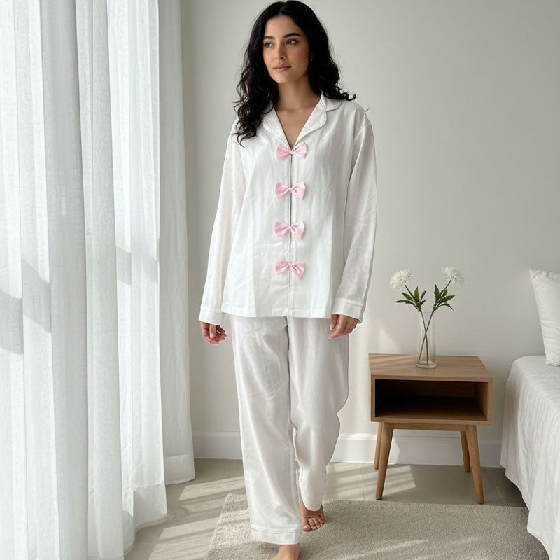 White Cotton Pajama Set with Pink Bow Details