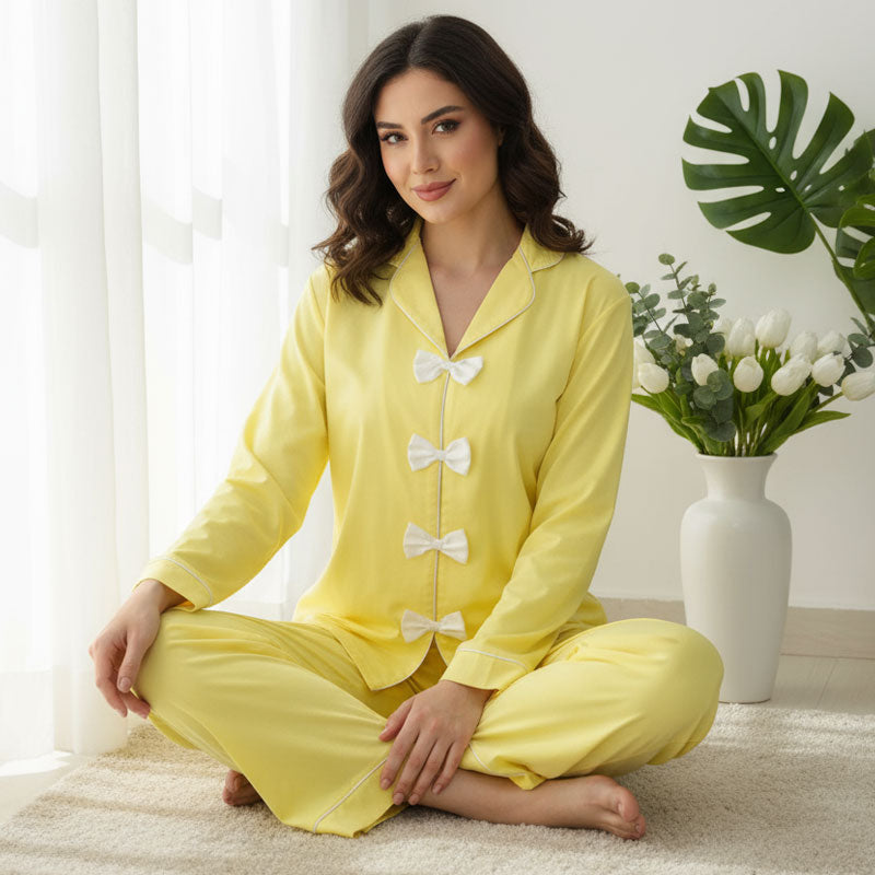 Yellow Cotton Pajama Set with White Bow Details