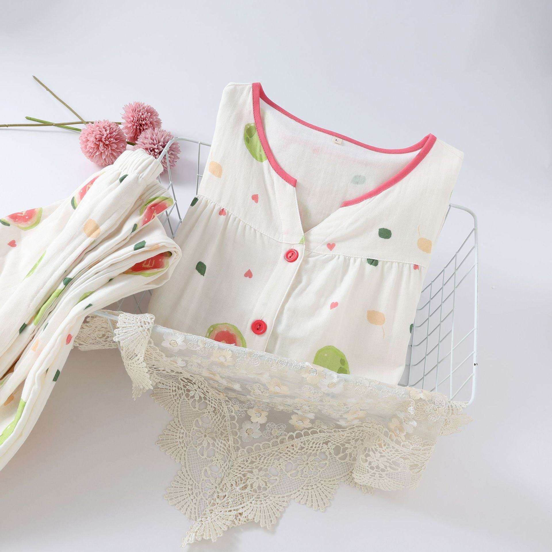 Cotton Contrast V-Neck Guava Print Pajama Set