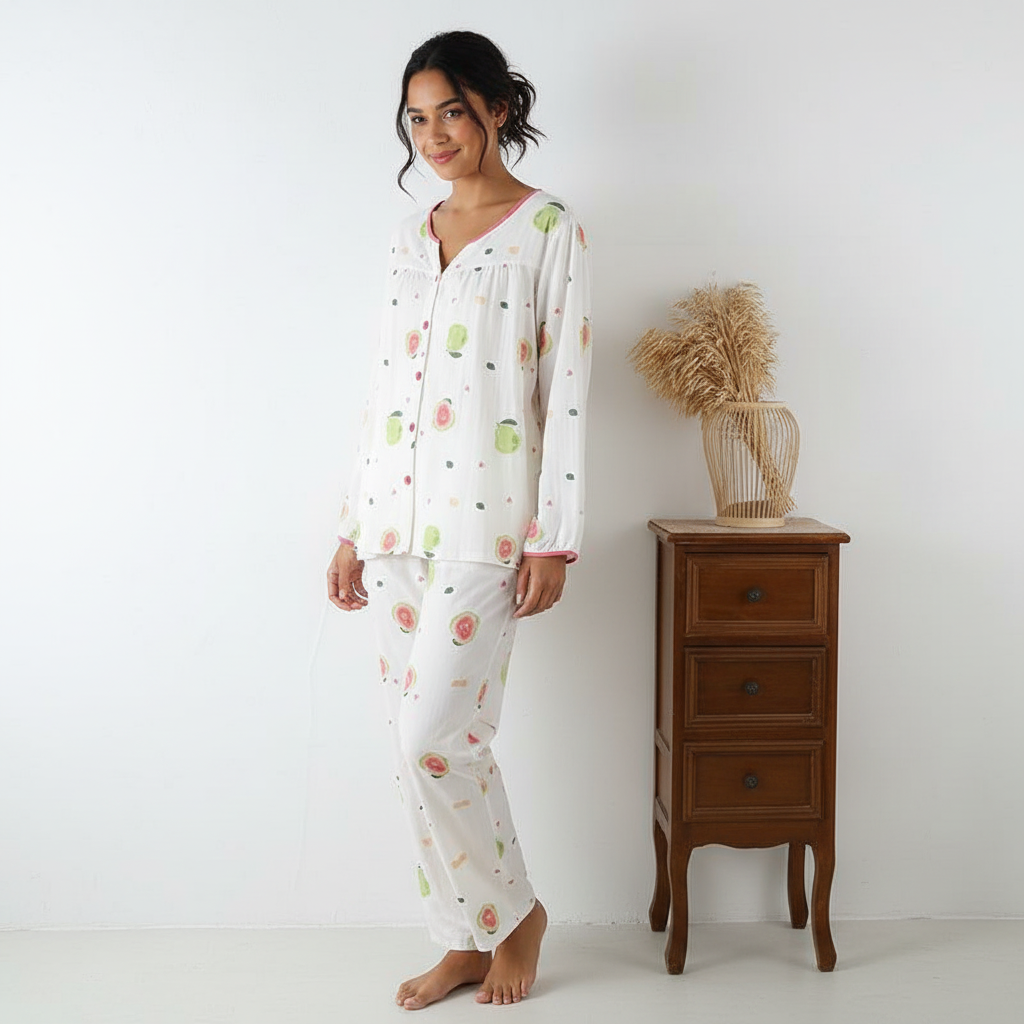 Cotton Contrast V-Neck Guava Print Pajama Set