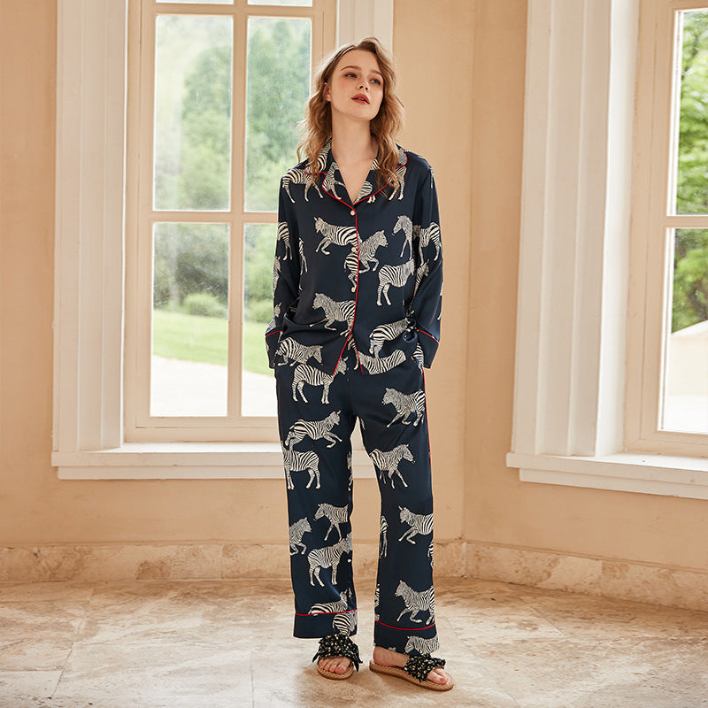 Navy Zebra Print Ice Silk Co-ord Pyjama Set