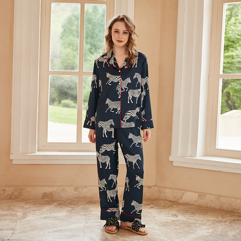 Navy Zebra Print Ice Silk Co-ord Pyjama Set