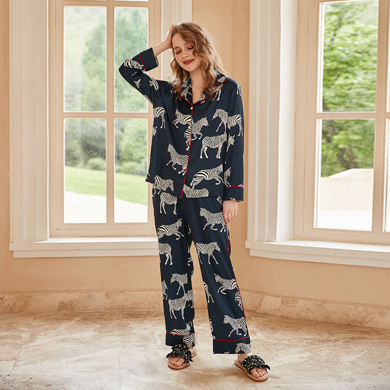 Navy Zebra Print Ice Silk Co-ord Pyjama Set