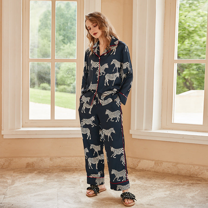 Navy Zebra Print Ice Silk Co-ord Pyjama Set