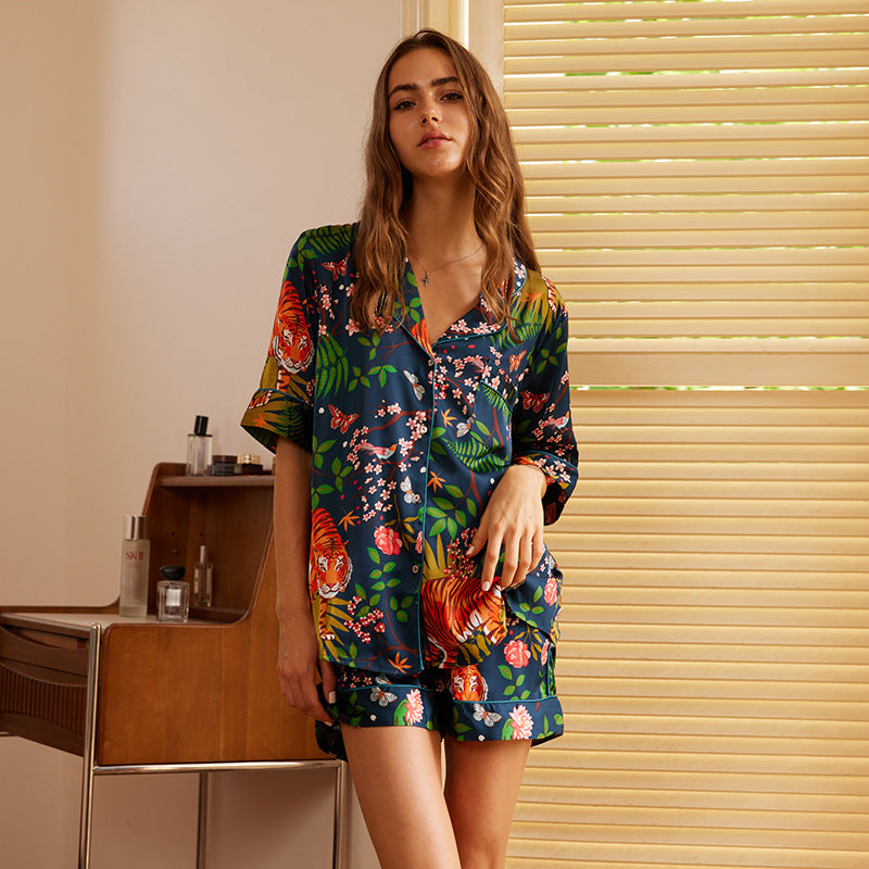 Navy Tiger & Floral Silk Shorts Co-ord Set