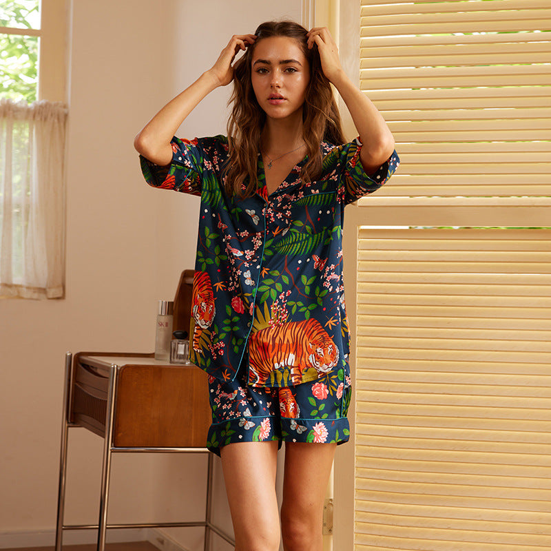 Navy Tiger & Floral Silk Shorts Co-ord Set