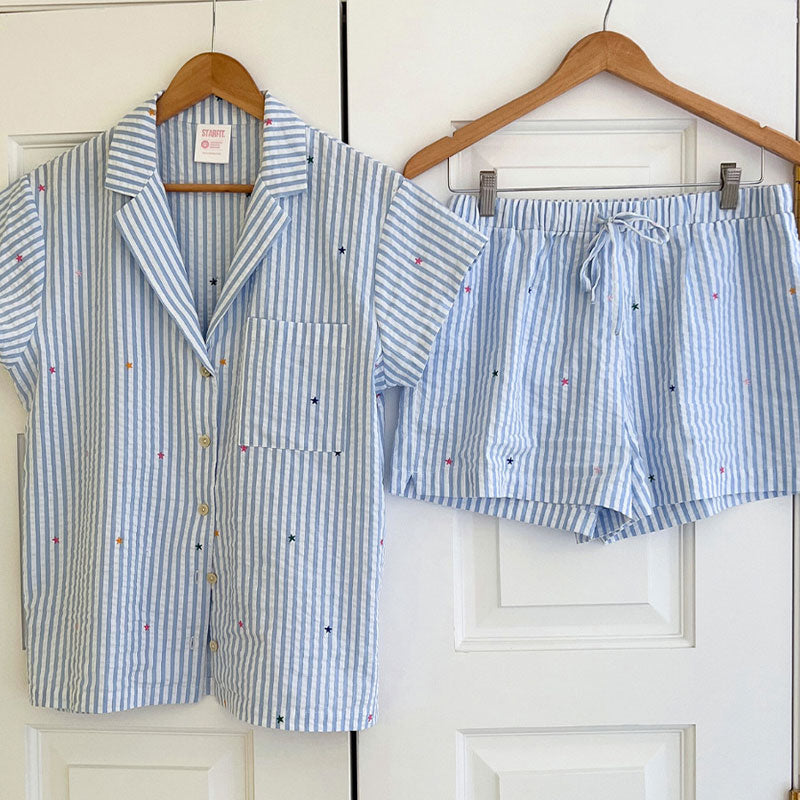 Blue Striped Star print polyester Shorts Co-ord Set