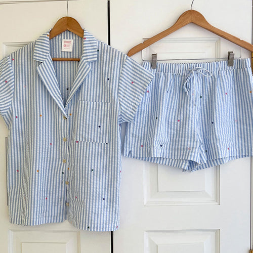 Blue Striped Star print polyester Shorts Co-ord Set