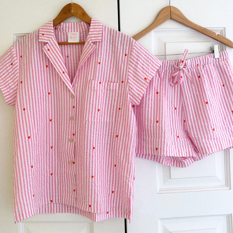 Pink Striped Heart Print Polyester Shorts Co-ord Set