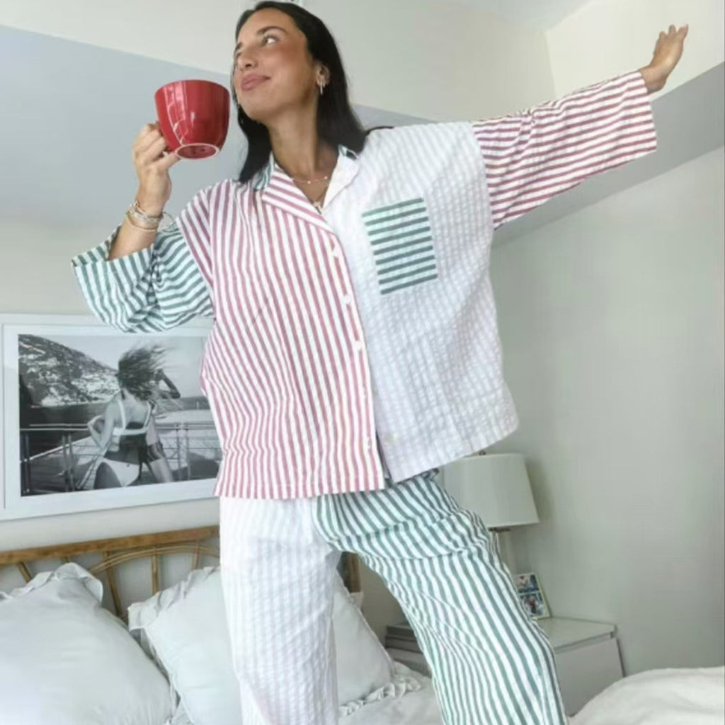 Multi-Color Patchwork Stripe polyester Co-ord Pyjama Set