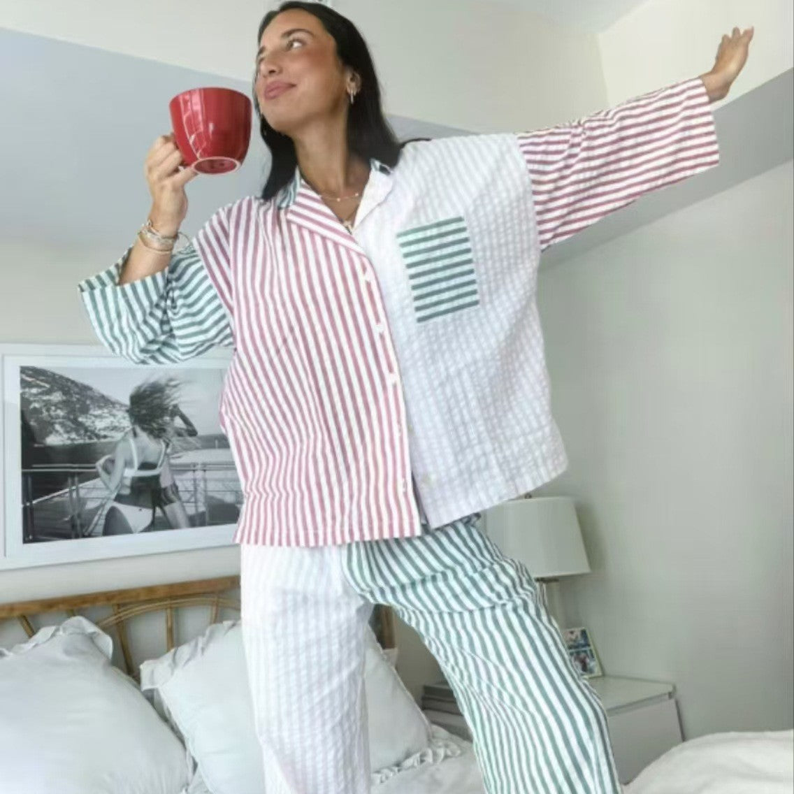 Multi-Color Patchwork Stripe polyester Co-ord Pyjama Set