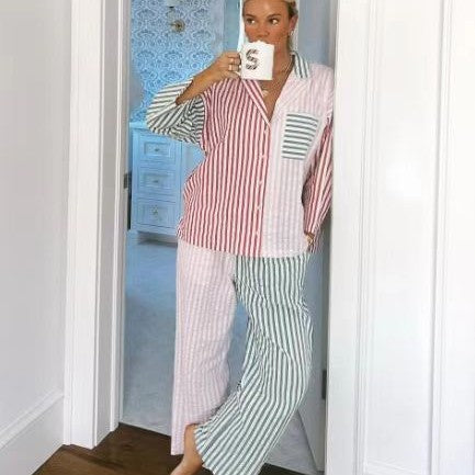 Multi-Color Patchwork Stripe polyester Co-ord Pyjama Set