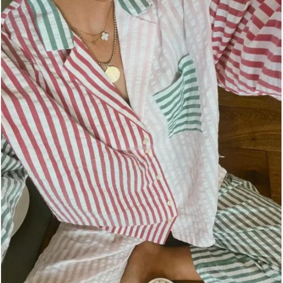 Multi-Color Patchwork Stripe polyester Co-ord Pyjama Set