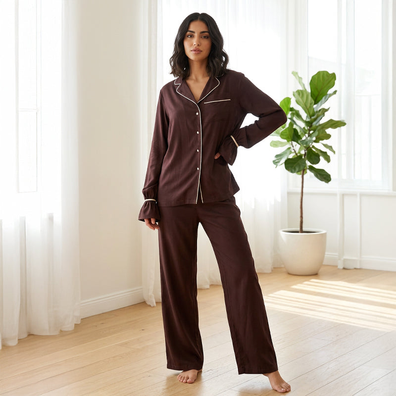 Cotton Contrast Piped Brown Pajama Set