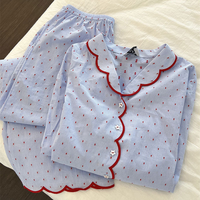 Blue Scalloped Pyjama Set with Red Trim