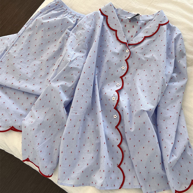 Blue Scalloped Pyjama Set with Red Trim