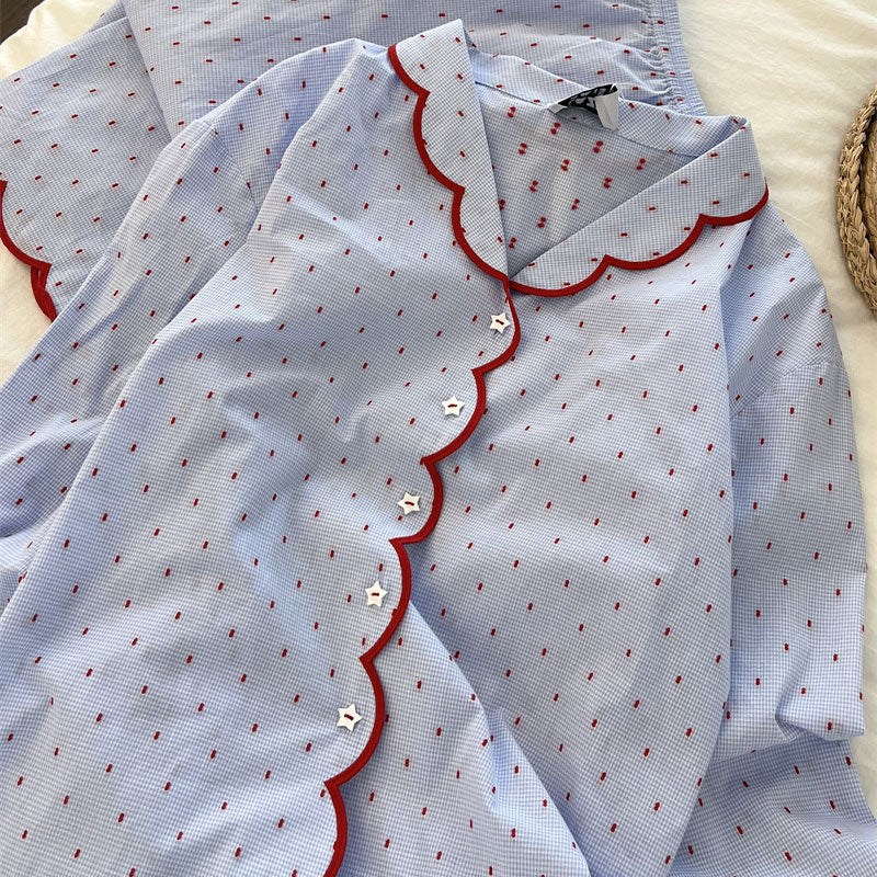 Blue Scalloped Pyjama Set with Red Trim