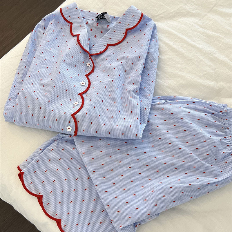 Blue Scalloped Pyjama Set with Red Trim