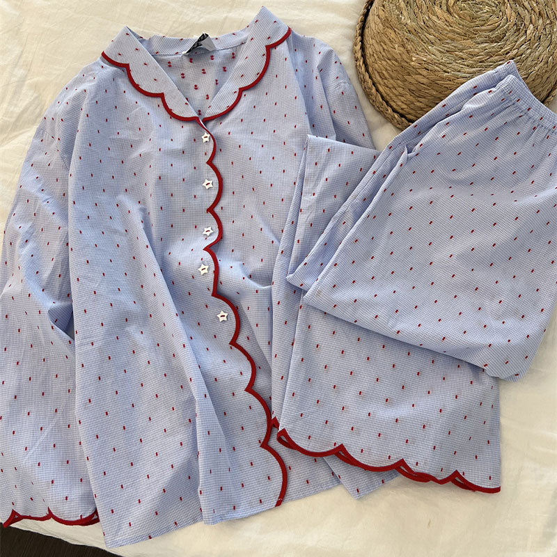 Blue Scalloped Pyjama Set with Red Trim