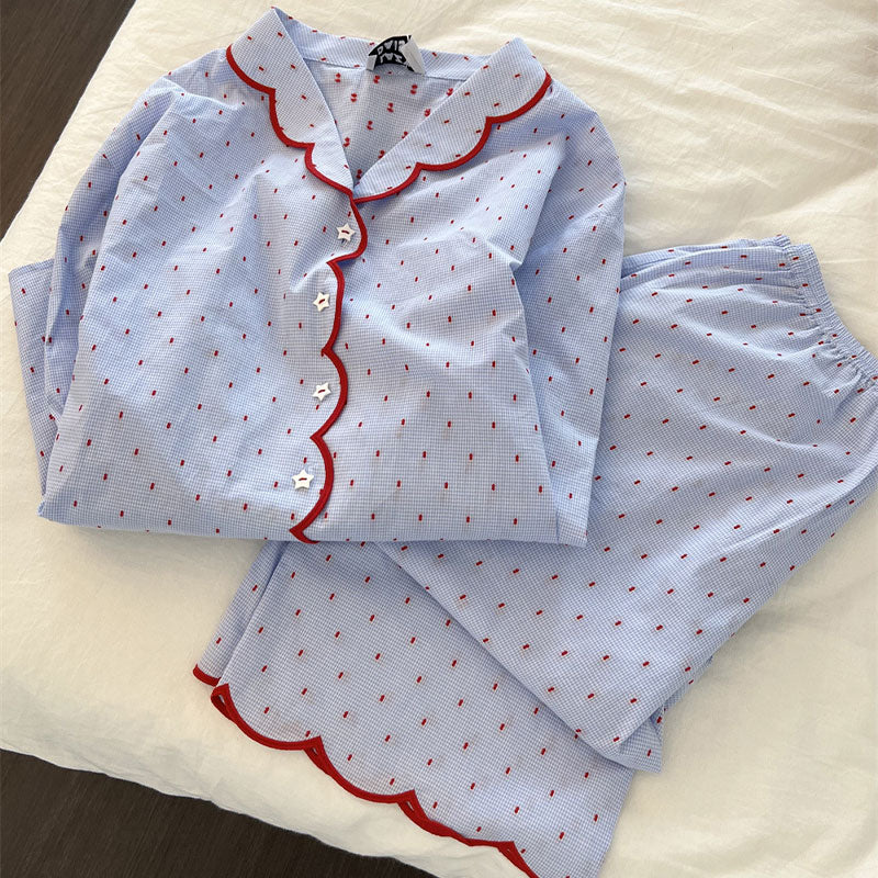 Blue Scalloped Pyjama Set with Red Trim