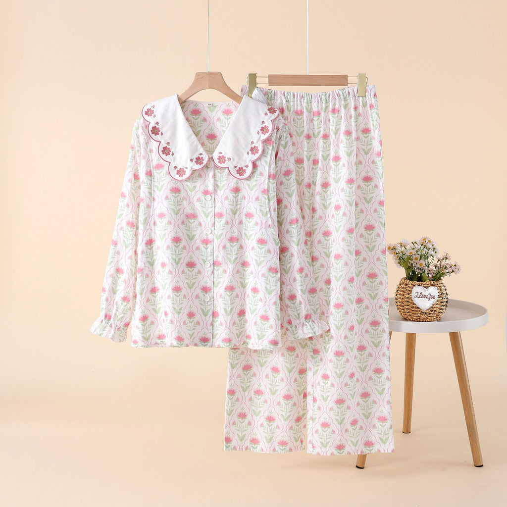 Floral Cotton Pajama Set with Embroidered Collar