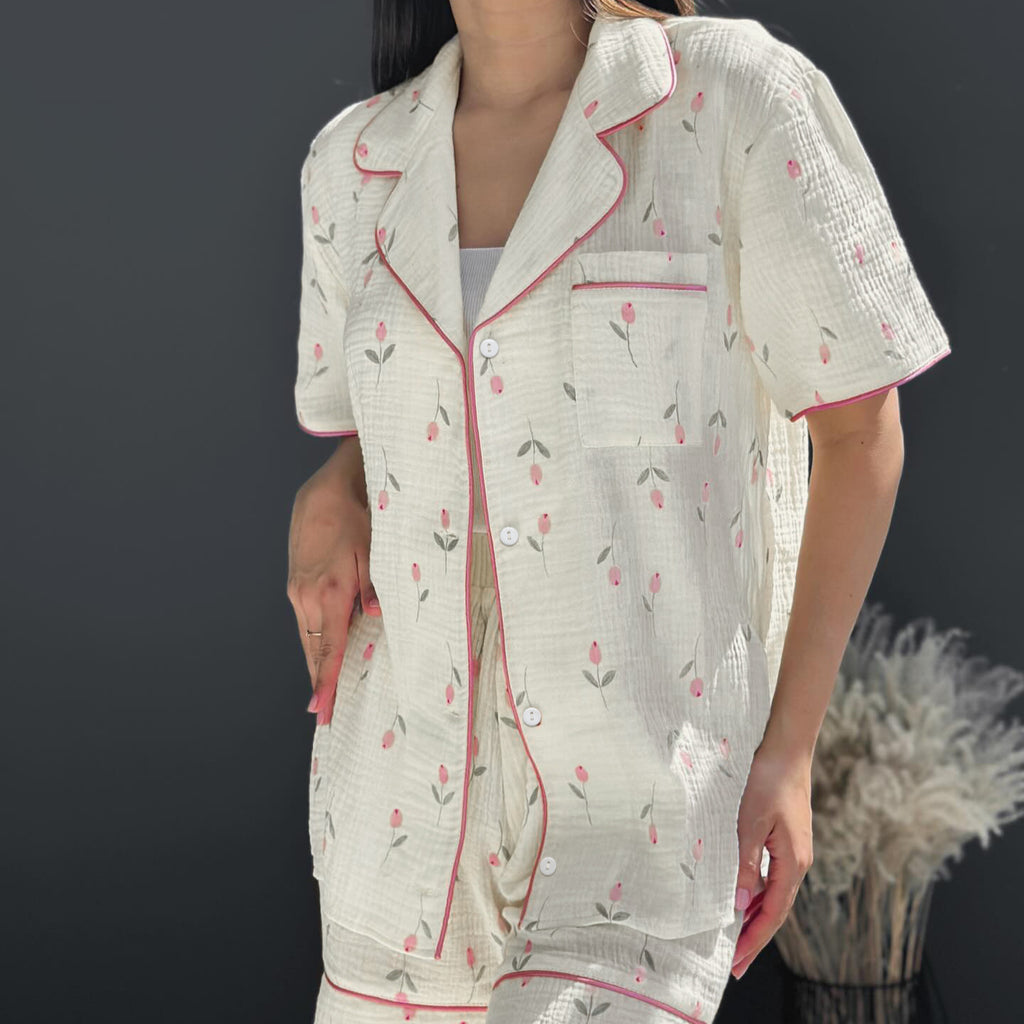Cream Short Pajama Set with Pink Floral Print