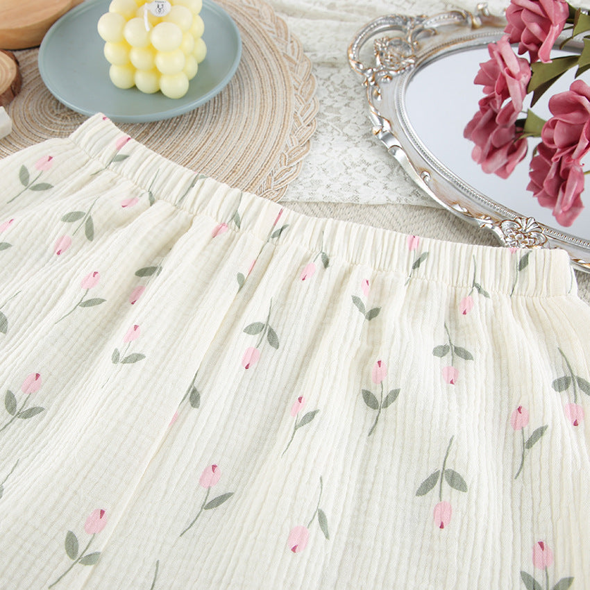 Cream Short Pajama Set with Pink Floral Print