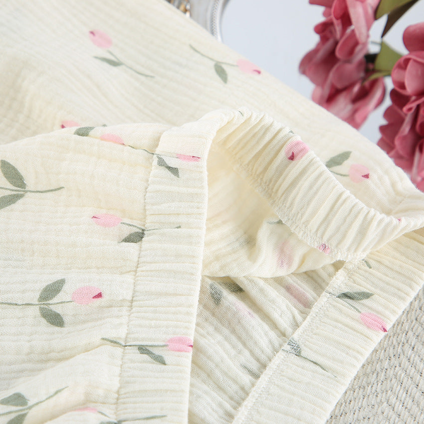 Cream Short Pajama Set with Pink Floral Print