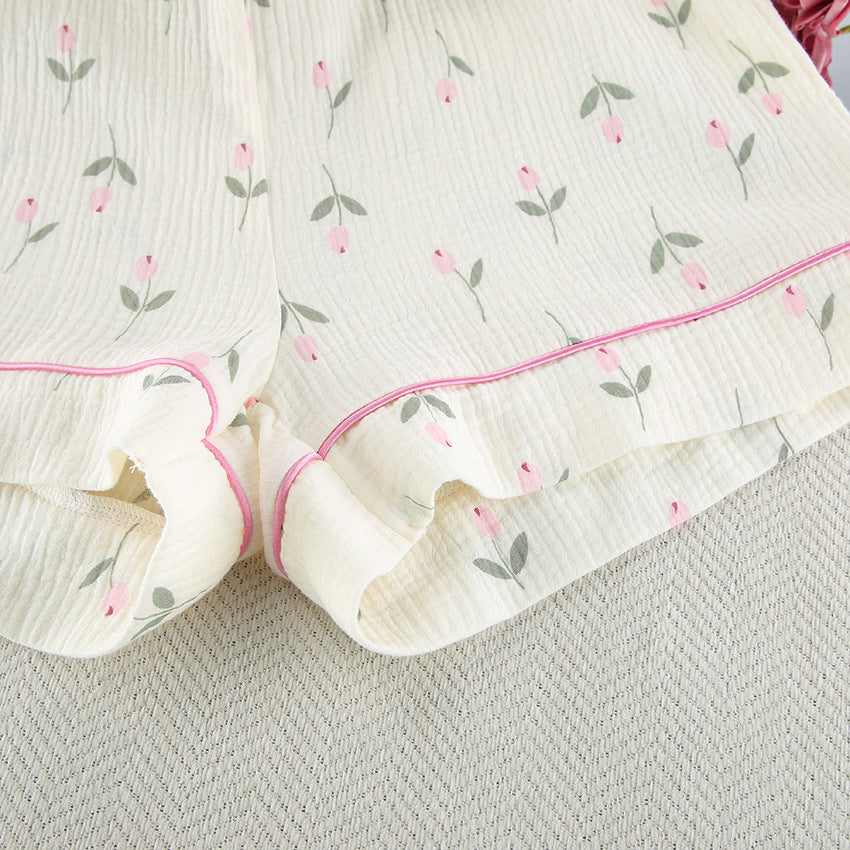 Cream Short Pajama Set with Pink Floral Print