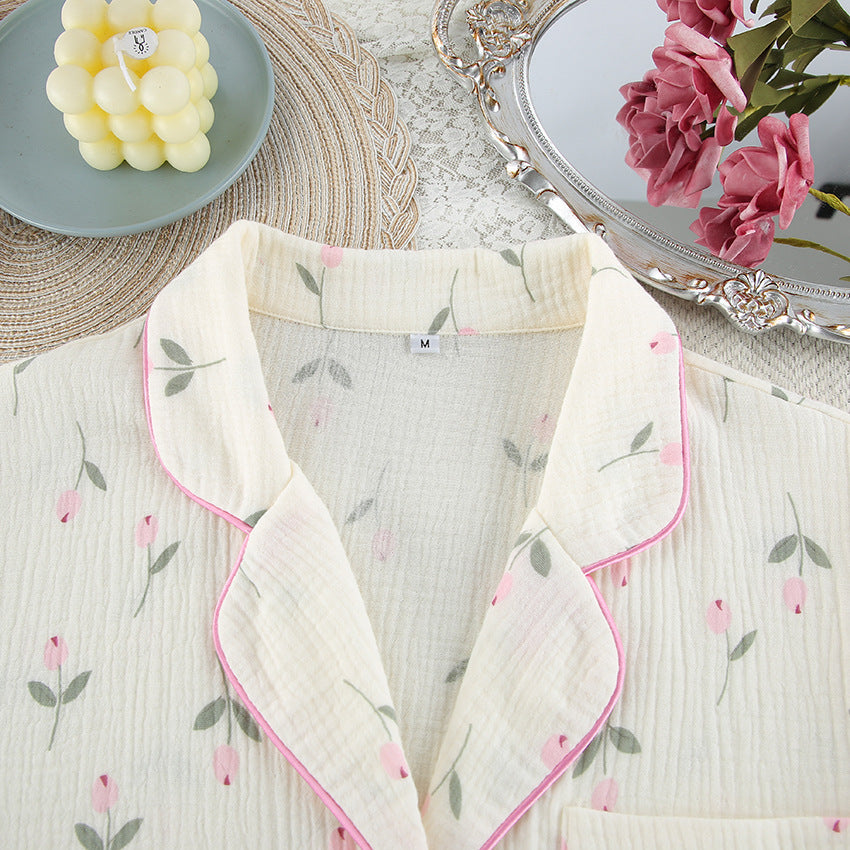 Cream Short Pajama Set with Pink Floral Print