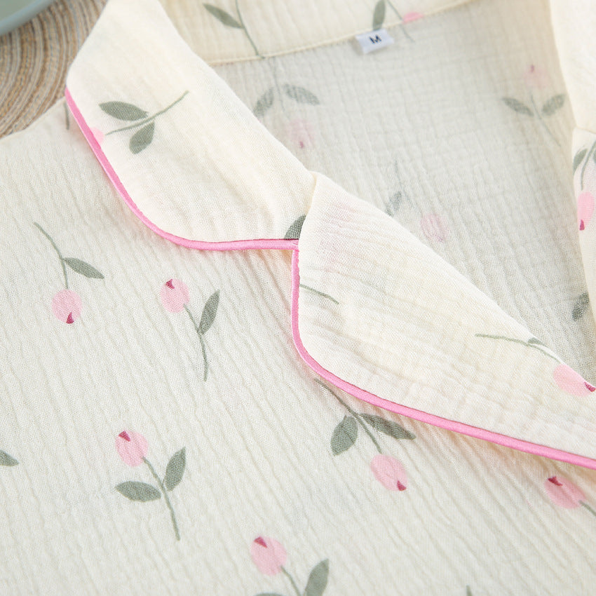 Cream Short Pajama Set with Pink Floral Print