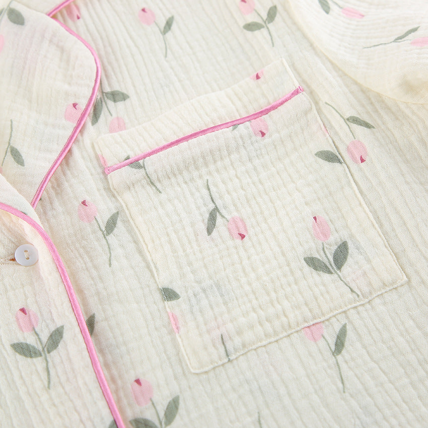 Cream Short Pajama Set with Pink Floral Print