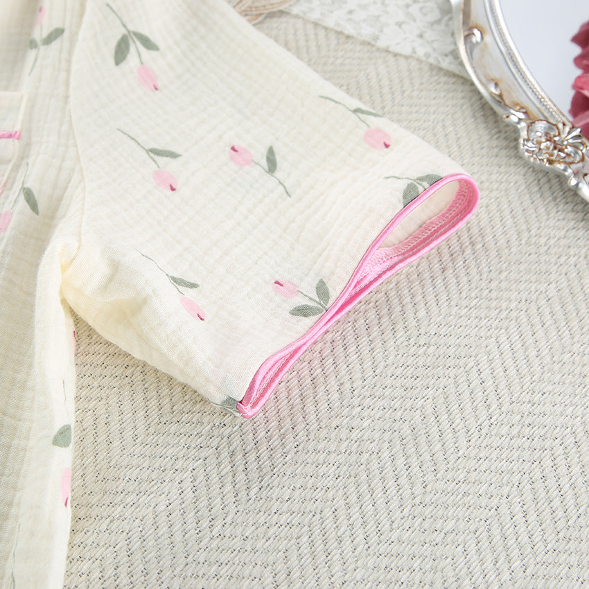 Cream Short Pajama Set with Pink Floral Print