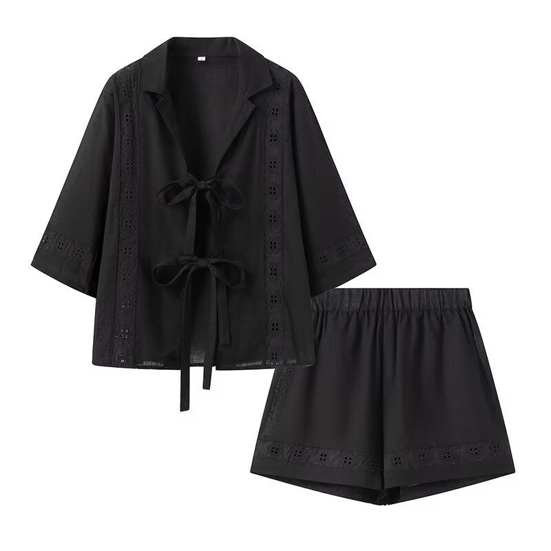 Eyelet Tie-Front Shorts Set - Black