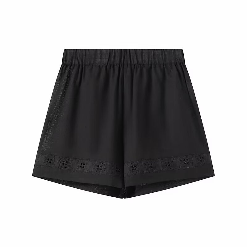 Eyelet Tie-Front Shorts Set - Black