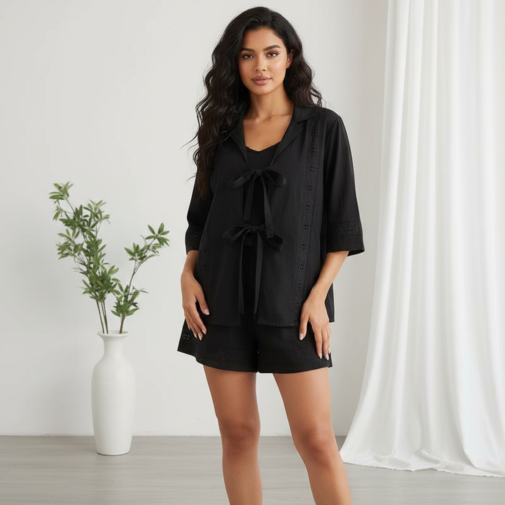 Eyelet Tie-Front Shorts Set - Black