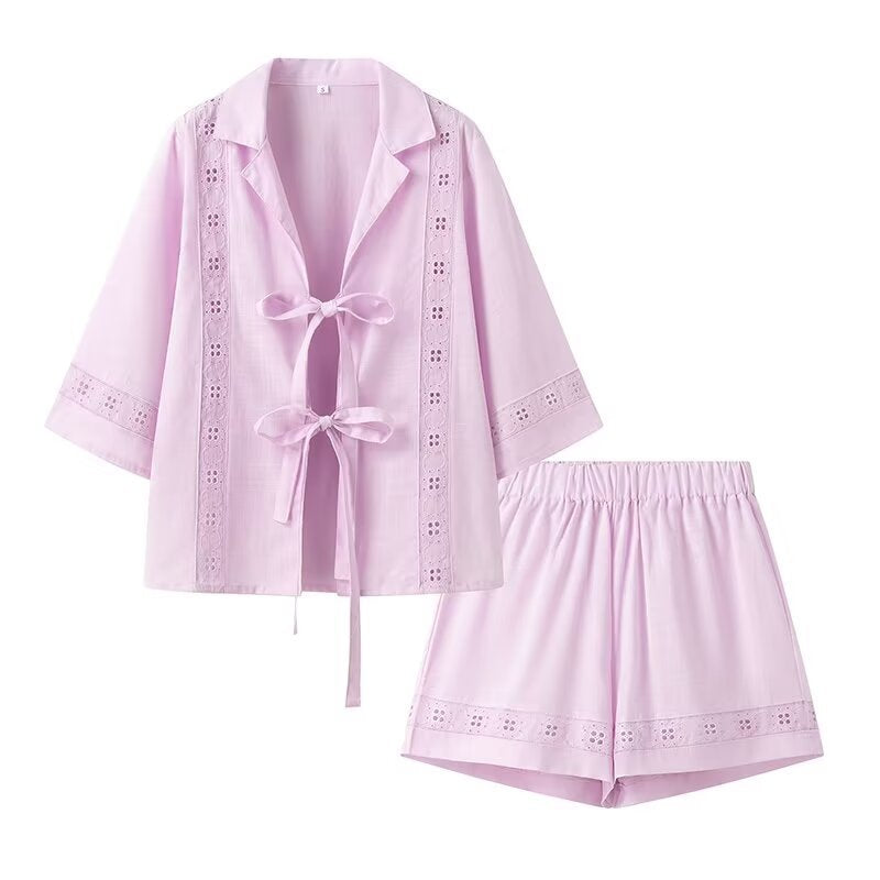 Eyelet Tie-Front Shorts Set - Purple