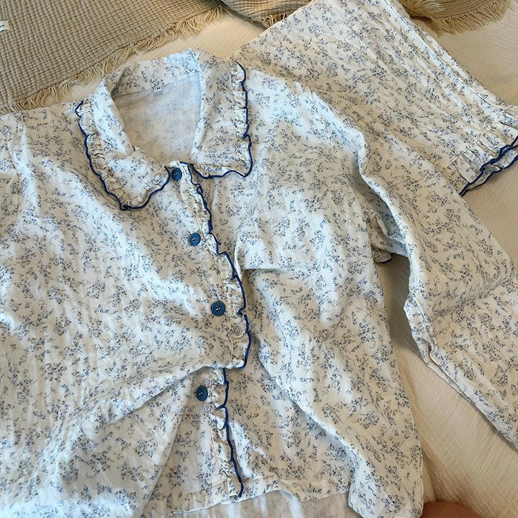 Blue Floral Ruffle Pajama Set