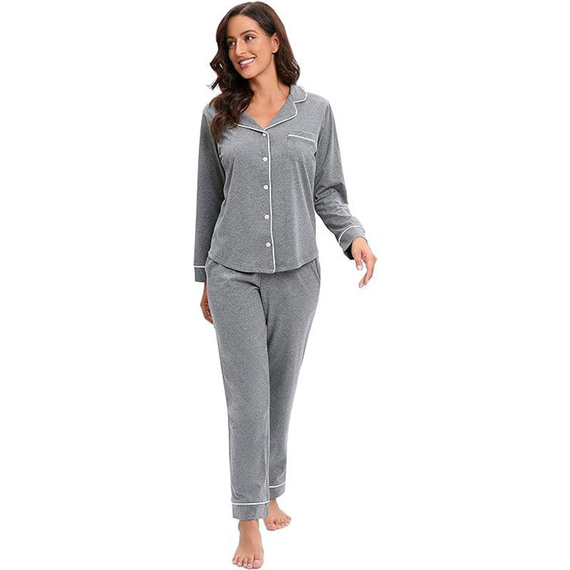 Grey Solid Long Sleeve Pajama Set