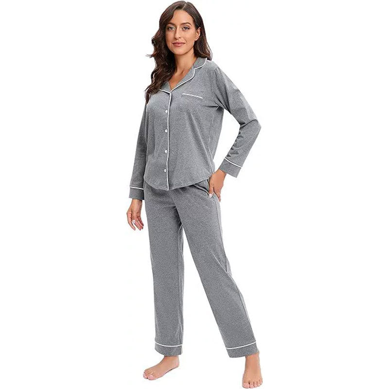 Grey Solid Long Sleeve Pajama Set
