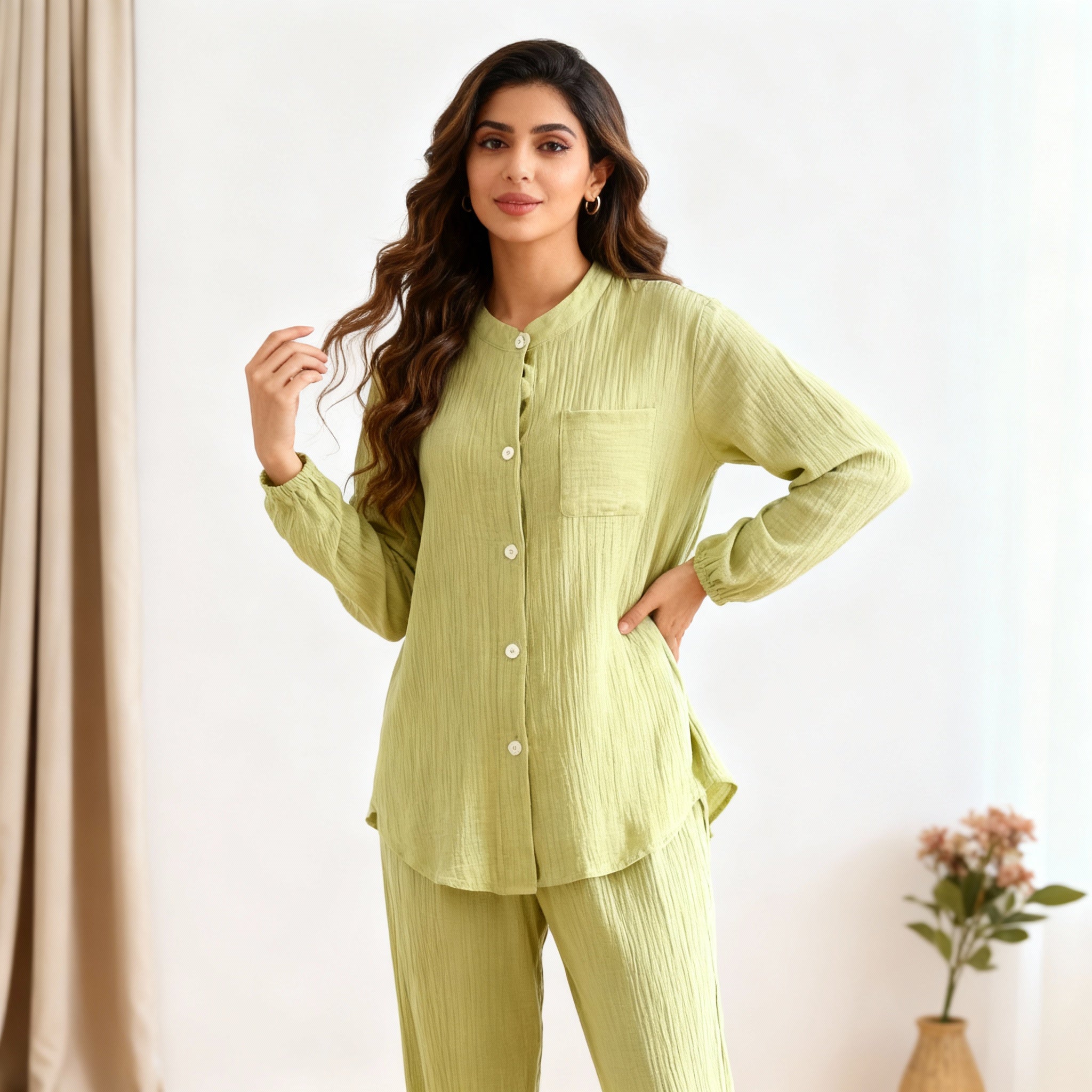 Cotton Round Neck Pajama Set - Green