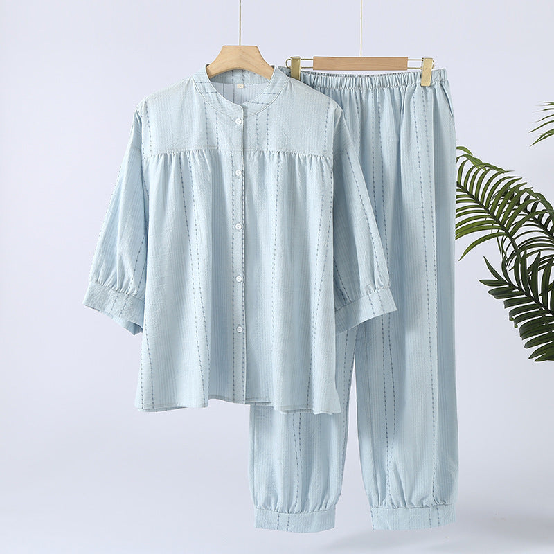 3/4 Sleeve Breathable Cotton Pajama Set - Light Blue