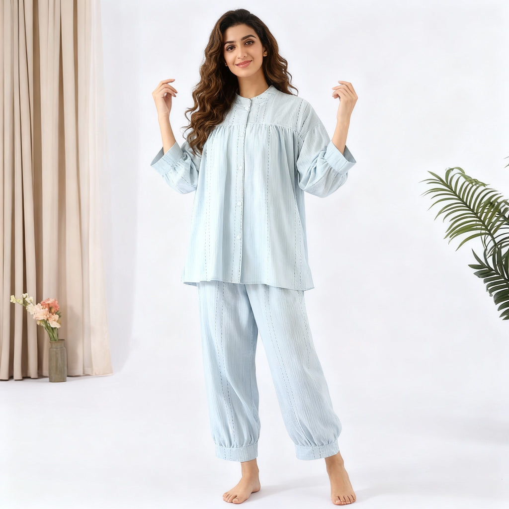 3/4 Sleeve Breathable Cotton Pajama Set - Light Blue
