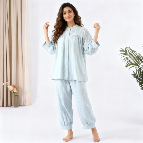3/4 Sleeve Breathable Cotton Pajama Set - Light Blue