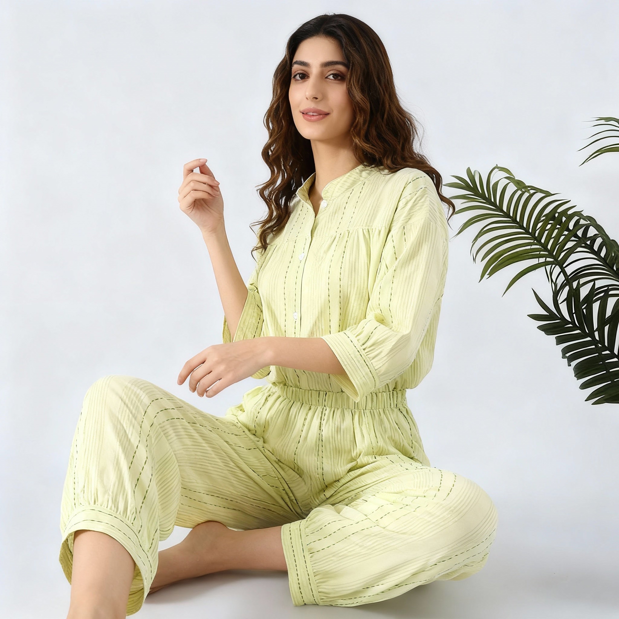 3/4 Sleeve Breathable Cotton Pajama Set - Yellow