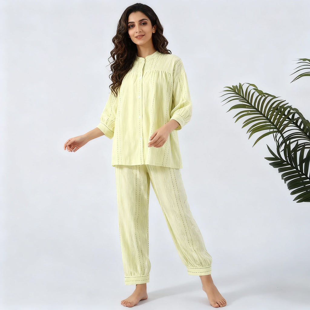 3/4 Sleeve Breathable Cotton Pajama Set - Yellow