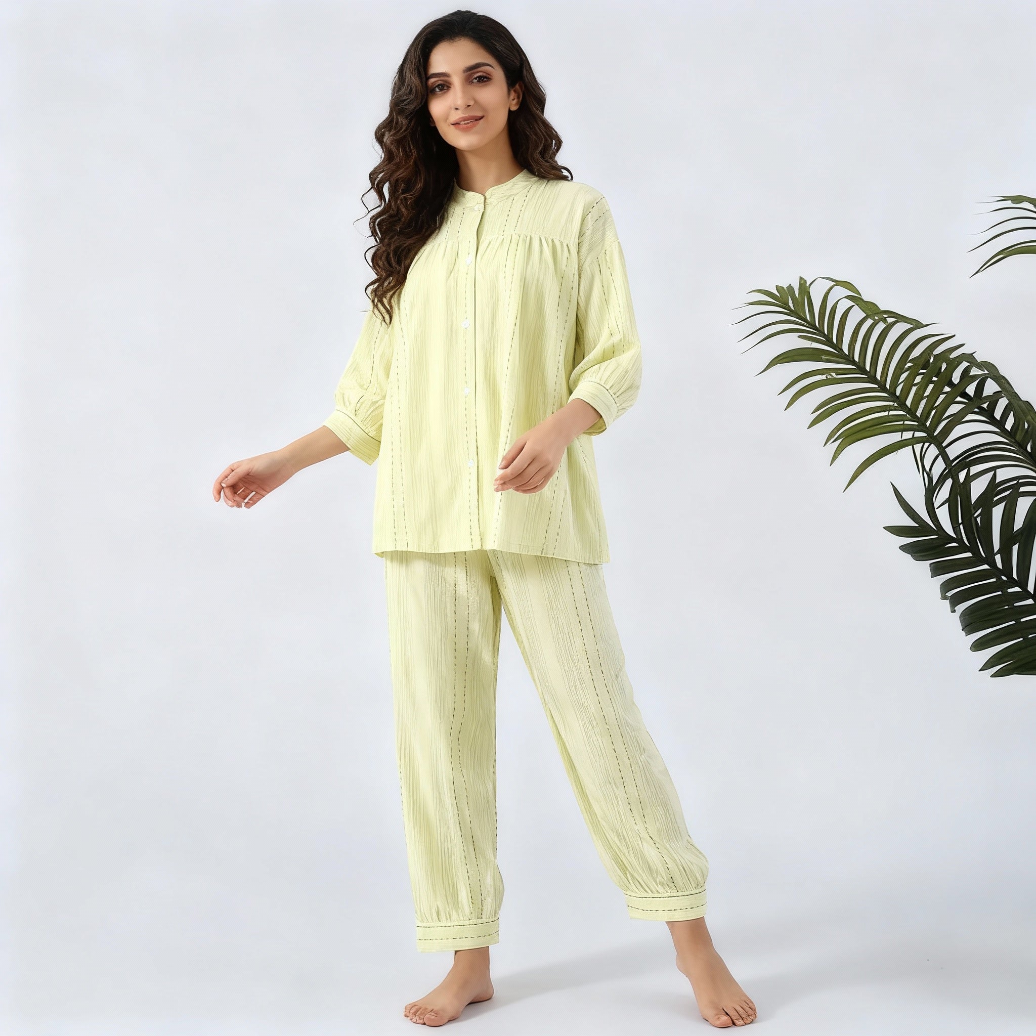 3/4 Sleeve Breathable Cotton Pajama Set - Yellow