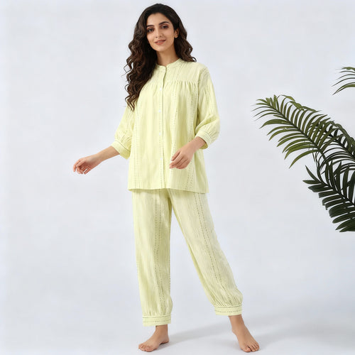 3/4 Sleeve Breathable Cotton Pajama Set - Yellow